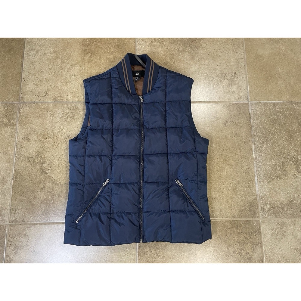 H&M Mens Full Zip Puffer Vest Sz 40R M Navy Blue Quilted Bomber Collar Zip